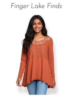 Women’s Long Sleeve Lace Yoke Top in Rust